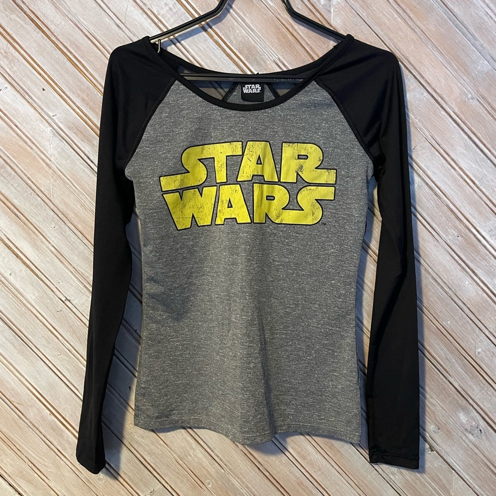 Star Wars long sleeve athletic shirt mesh cutouts on back yellow grey & black XS